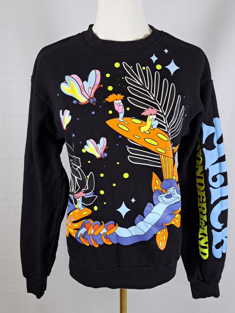 Disney Alice in Wonderland Black Neon Caterpillar Graphic Crewneck Sweatshirt S
